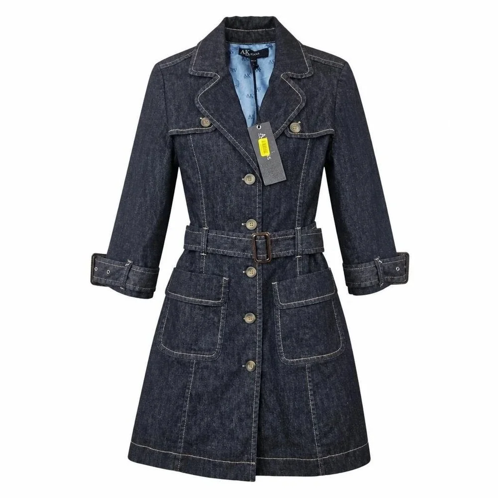 Anne Klein AK Jeans Denim Trench Coat Dress Womens M Blue 3/4 Slv Belted Western